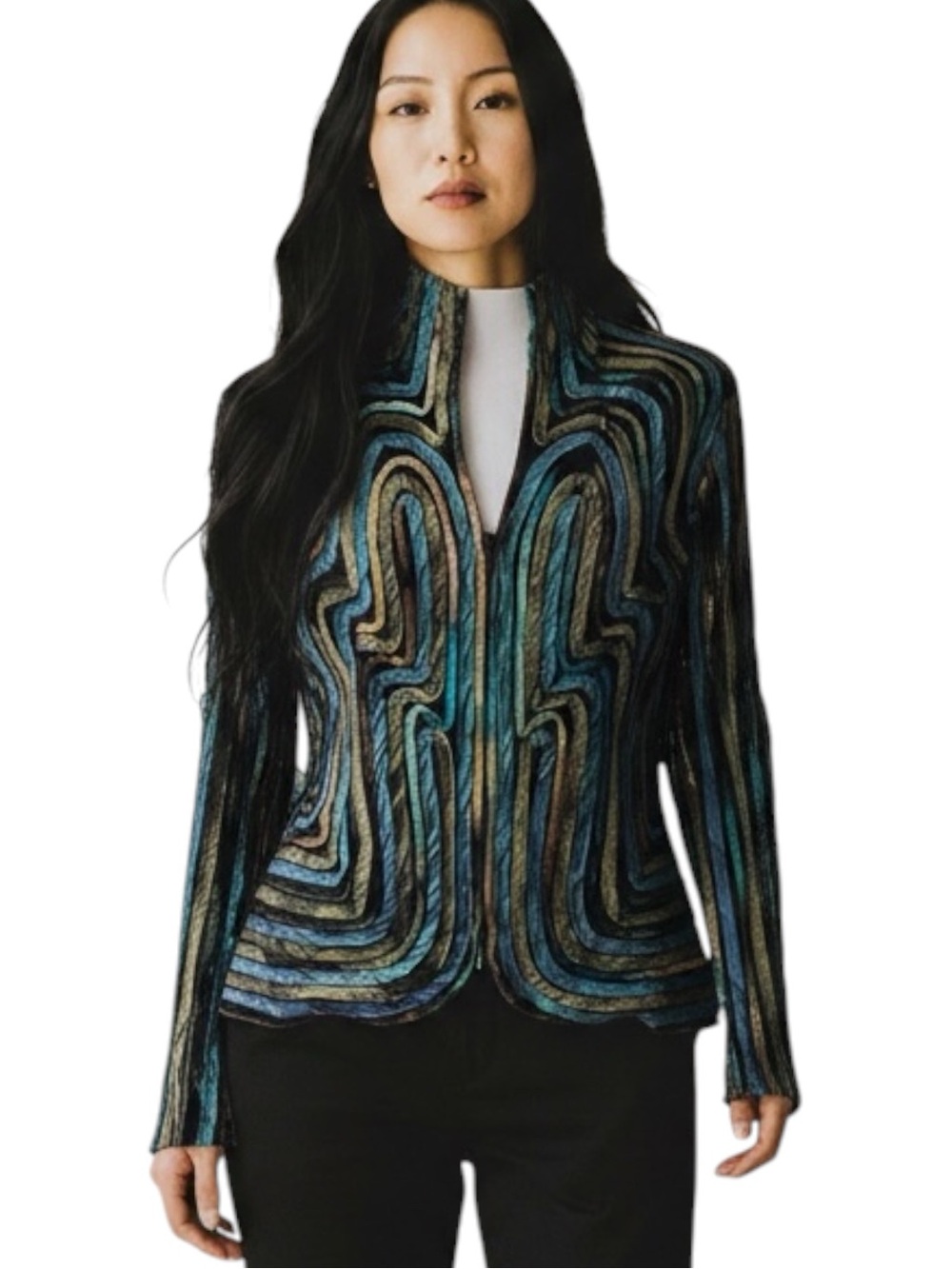 Obstinee Vintage Black Teal Copper Raw Edge Ribbon Jacket Whimsical Size 10